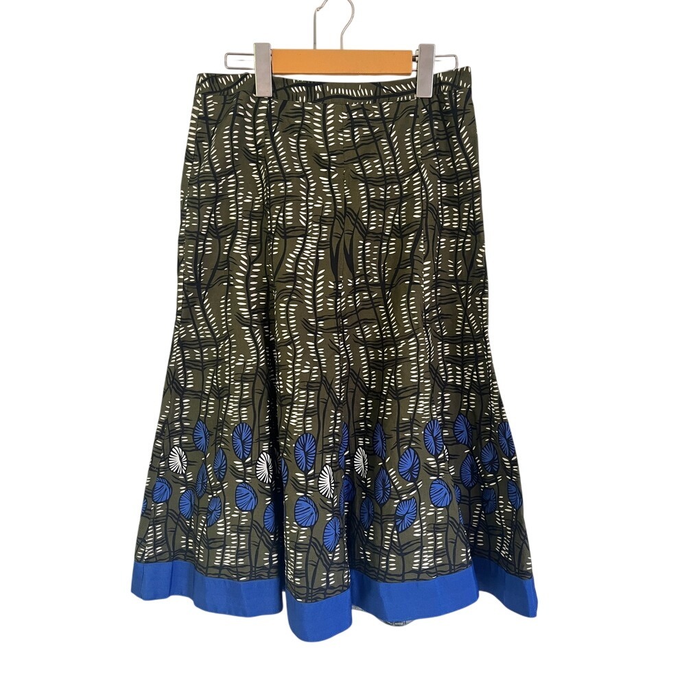 Togo Olive Green Abstract Print Cotton A-Line Midi Skirt Blue Floral Border 2